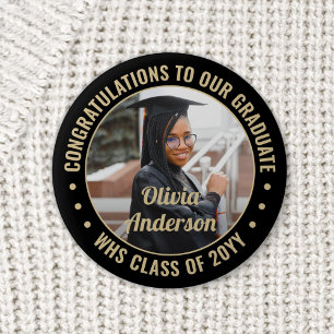 Badge Rond 5 Cm N'importe quel texte Graduation Photo Elegant Noir