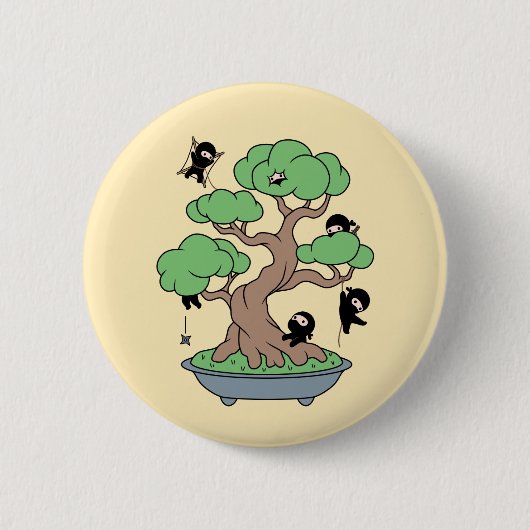 Badge Rond 5 Cm Ninjas dans l'arbre Bonsai sur Jaune (Devant)