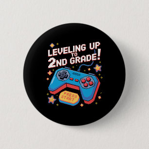 Badge Rond 5 Cm Niveau Jusqu'À 2E Classe Gamer 8 Bits Pixelated Pi