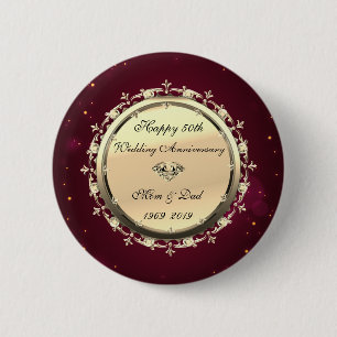 Badge Rond 5 Cm Noces d'or Diamants Rouges 50e Anniversaire de Ma