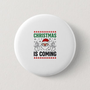 Badge Rond 5 Cm Noël arrive, modèle de Père Noël bonhomme de neige