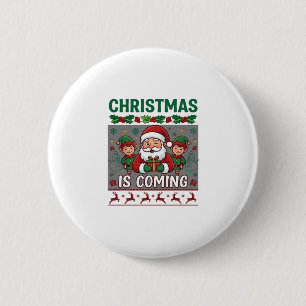 Badge Rond 5 Cm Noël arrive Père Noël Elfes Rennes