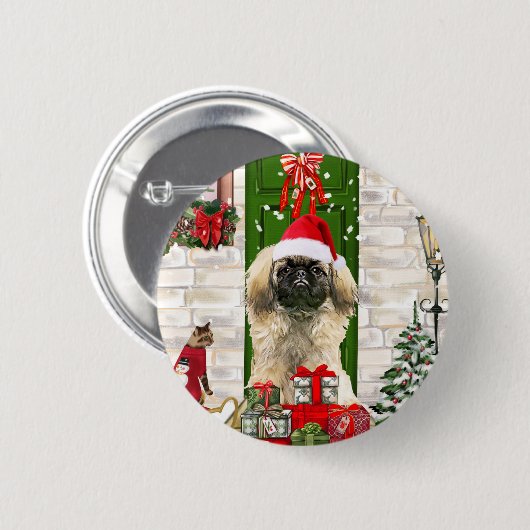Badge Rond 5 Cm Noël de chien de Pékin (Devant & derrière)