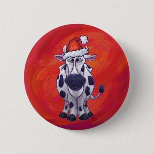 Badge Rond 5 Cm Noël de la vache sur rouge