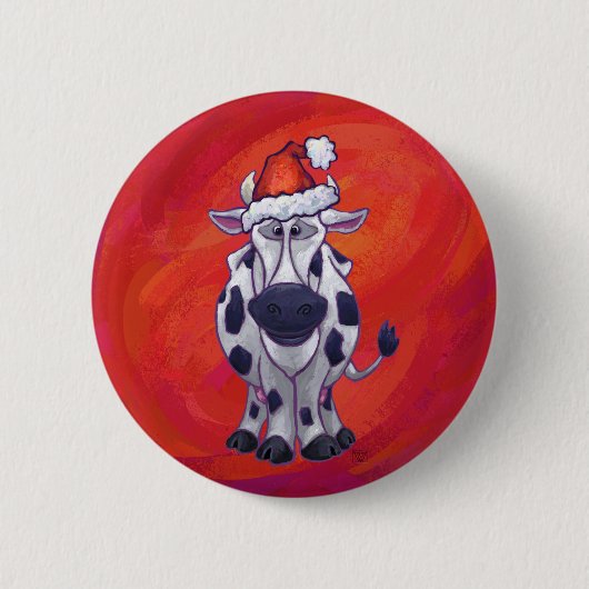 Badge Rond 5 Cm Noël de vache sur rouge (Devant)