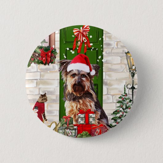 Badge Rond 5 Cm Noël du chien Yorkie (Devant)