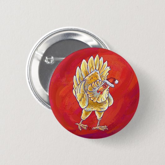 Badge Rond 5 Cm Noël Du Poulet Sur Rouge (Devant & derrière)