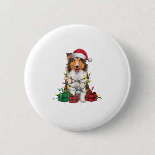 Badge Rond 5 Cm Noël Éclairage Santa Hat Rough Collie Chien Noël