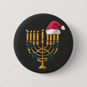 Badge Rond 5 Cm Noël Hanukkah Juif Père Noël Menorah