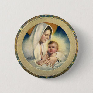 Badge Rond 5 Cm Noël religieux vintage, Madone et Enfant