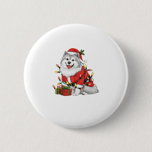 Badge Rond 5 Cm Noël Samoyed Chien Père Noël