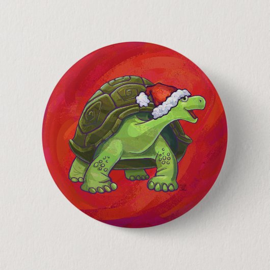 Badge Rond 5 Cm Noël Tortue Sur Rouge (Devant)