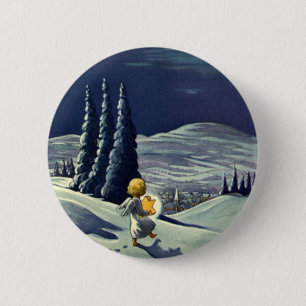Badge Rond 5 Cm Noël vintage, ange de neige marchant avec une étoi