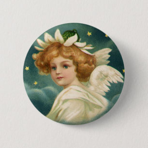 Badge Rond 5 Cm Noël vintage, ange victorien avec des étoiles doré