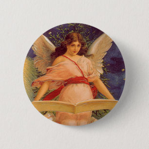 Badge Rond 5 Cm Noël vintage, ange victorien lisant la Bible