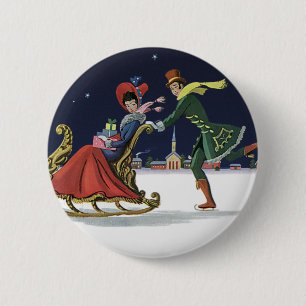 Badge Rond 5 Cm Noël Vintage, Couple in Love Ice Skate