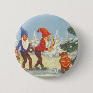 Badge Rond 5 Cm Noël vintage, Elfes dans la forêt enneigée d'hiver