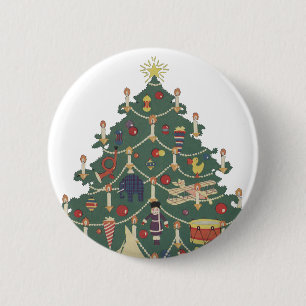 Badge Rond 5 Cm Noël vintage Enfants autour d'un arbre décoré
