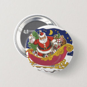 Badge Rond 5 Cm Noël vintage, joyeux Père Noël avec traîneau