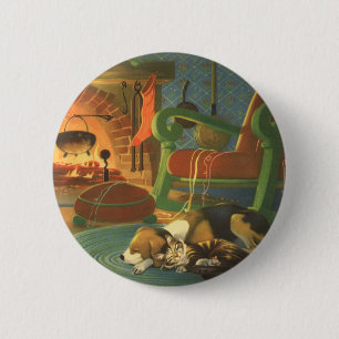 Badge Rond 5 Cm Noël Vintage, Les animaux dormant par cheminée