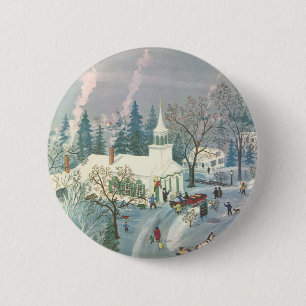Badge Rond 5 Cm Noël vintage, Les gens vont à l'église en neige