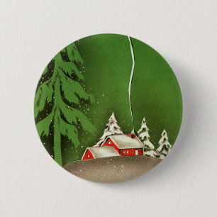 Badge Rond 5 Cm Noël vintage, maison dans la forêt enneigée en hiv