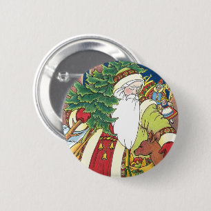 Badge Rond 5 Cm Noël vintage, Père Noël Cerf dans la forêt