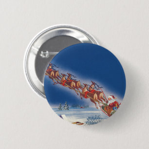 Badge Rond 5 Cm Noël Vintage, Père Noël en traîneau volant avec re