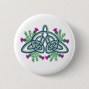 Badge Rond 5 Cm Nœud celtique vert avec chardons écossais violets