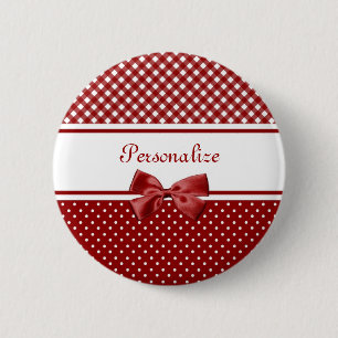 Badge Rond 5 Cm Nœud en Gingham Rouge Nom