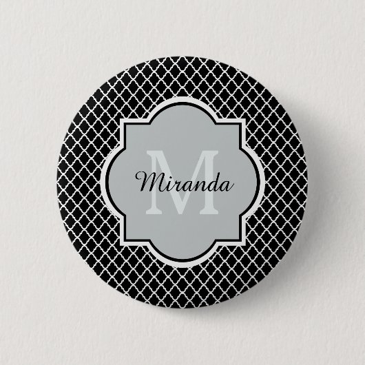 Badge Rond 5 Cm Noir et blanc moderne Quatrefoil Nom monogramme (Devant)