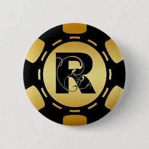 BADGE ROND 5 CM NOIR ET JETON DE POKER DE LA LETTRE R DE
