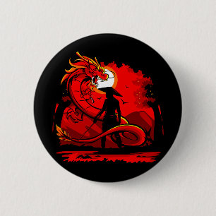 Badge Rond 5 Cm Noir Samurai Dragon Rouge Style japonais  
