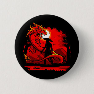 Badge Rond 5 Cm Noir Samurai Dragon Rouge Style japonais  