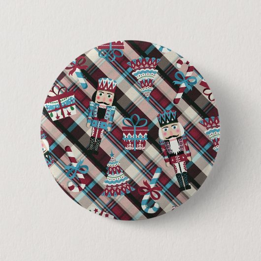 Badge Rond 5 Cm Noisette de Noël Plaid Bleu Bourgogne (Devant)