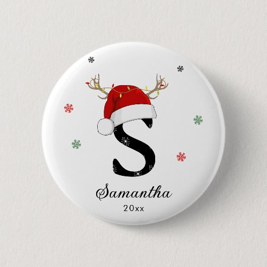 Badge Rond 5 Cm Nom de la lettre Santa Hat | Monogramme | Initiale (Devant)