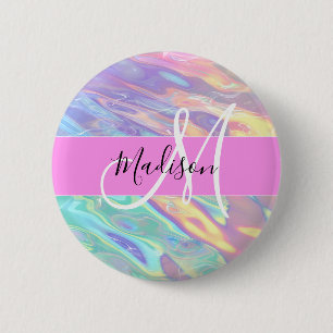 Badge Rond 5 Cm Nom de monogramme holographique iridescent rose fé