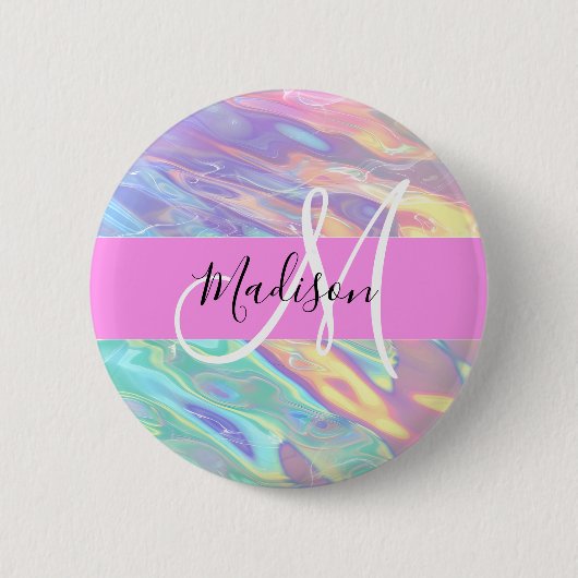 Badge Rond 5 Cm Nom de monogramme holographique iridescent rose fé (Devant)