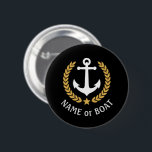Badge Rond 5 Cm Nom du bateau Ancre Gold Style Laurel Star Black<br><div class="desc">Un bouton personnalisé avec votre nom de bateau, votre nom de famille ou tout autre texte souhaité, au besoin. Doté d'une ancre nautique conçue sur mesure, de feuilles de laurier de style or et d'emblème d'étoile sur le noir ou de régler facilement la couleur primaire pour correspondre à votre thème...</div>