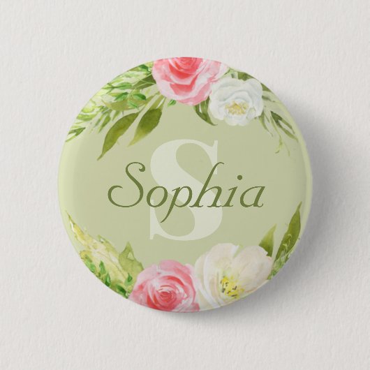 Badge Rond 5 Cm Nom du monogramme Aquarelle rose verte Florale (Devant)