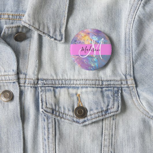 Badge Rond 5 Cm Nom du monogramme d'iridescendance rose-fille (En situation)