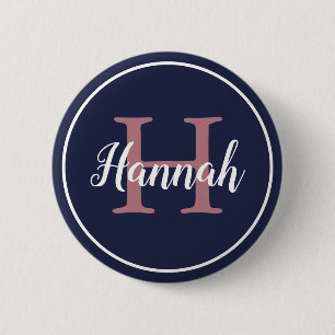 Badge Rond 5 Cm Nom du monogramme minimaliste de script bleu et ro