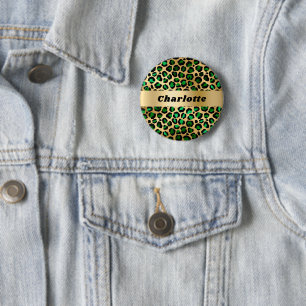 Badge Rond 5 Cm Nom du motif du léopard vert émeraude