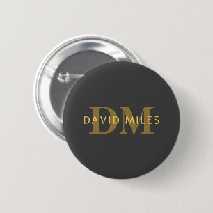 Badge Rond 5 Cm Nom élégant & monogramme Or & Gris foncé