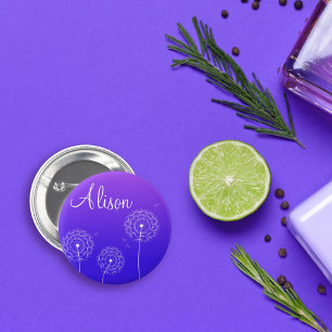 Badge Rond 5 Cm Nom Fleurs de Pissenlit Blanc Violet Minimaliste