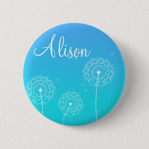 Badge Rond 5 Cm Nom Fleurs de Pissenlit Bleu Minimaliste Blanc