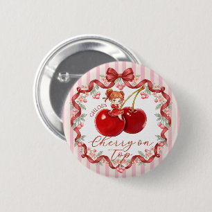 Badge Rond 5 Cm [Nom modifiable] Douce Cerise sur le dessus Fille 