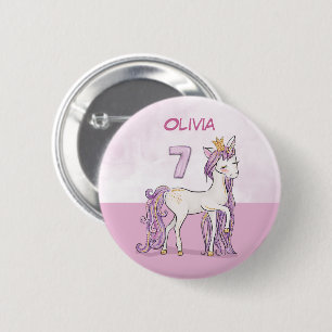 Badge Rond 5 Cm Nom personnalisé 7e anniversaire Cheval rose avec
