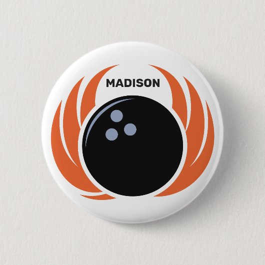 Badge Rond 5 Cm Nom personnalisé Boule de Bowling avec flamme (Devant)