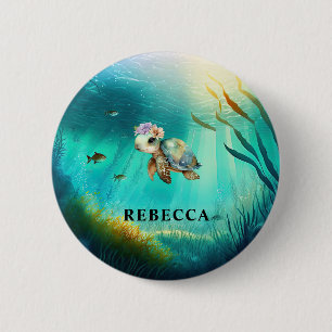 Badge Rond 5 Cm Nom personnalisé Cute Turtle Ocean Arrière - plan 